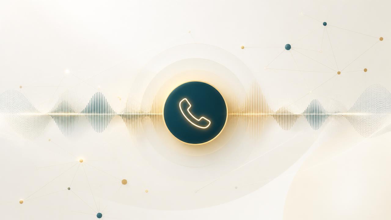 Visualisierung eines KI-Telefonassistenten mit Schallwellen und Netzwerk-Knoten